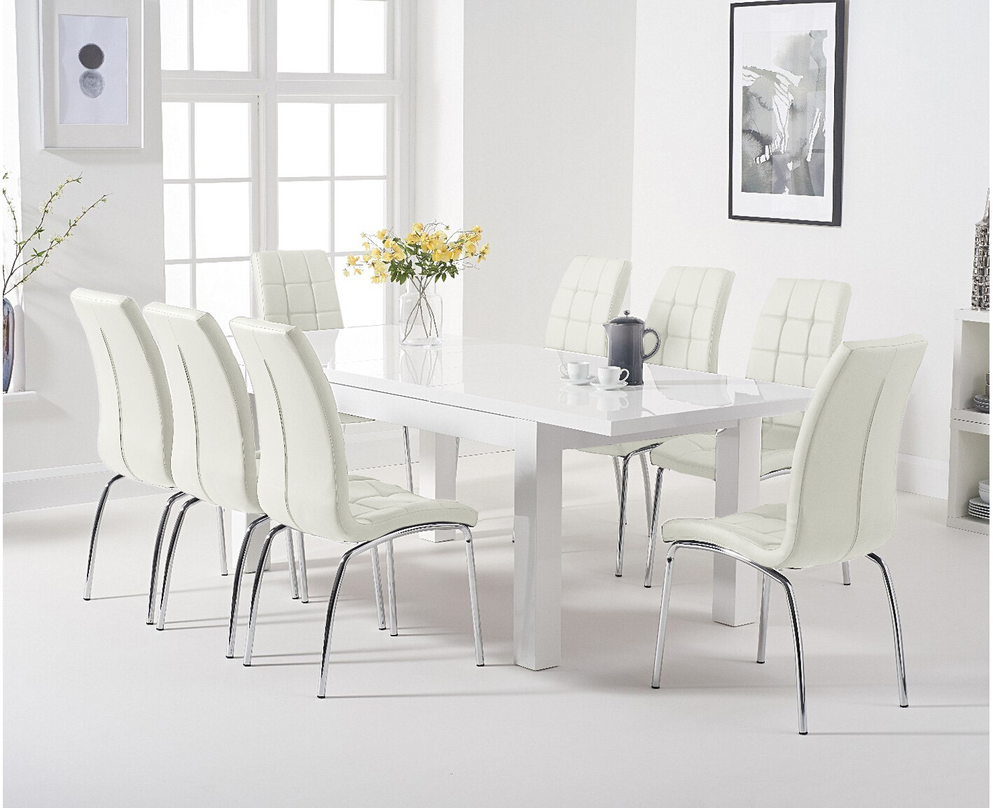 Product photograph of Extending Atlanta 160cm White High Gloss Dining Table With 8 White Enzo Chairs from Oak Furniture Superstore