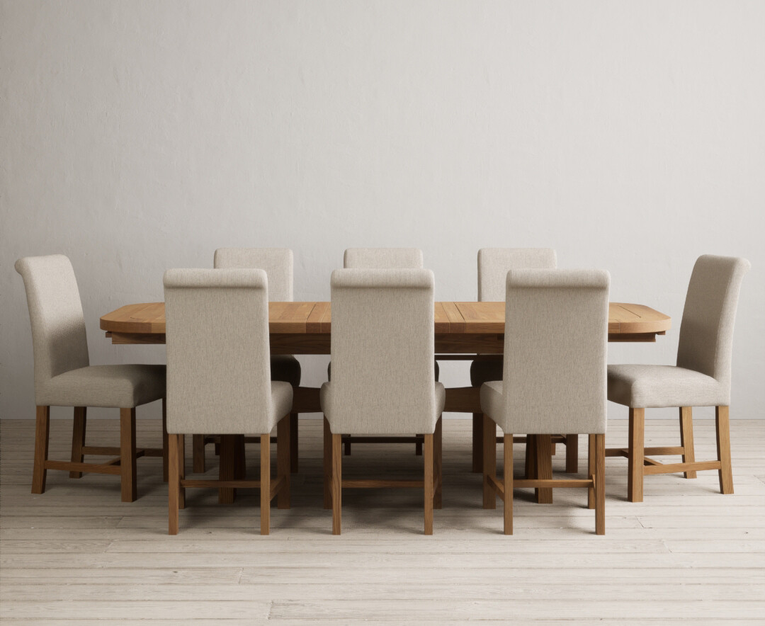 Extending Olympia 180cm Solid Oak Dining Table With 10 Blue Chairs