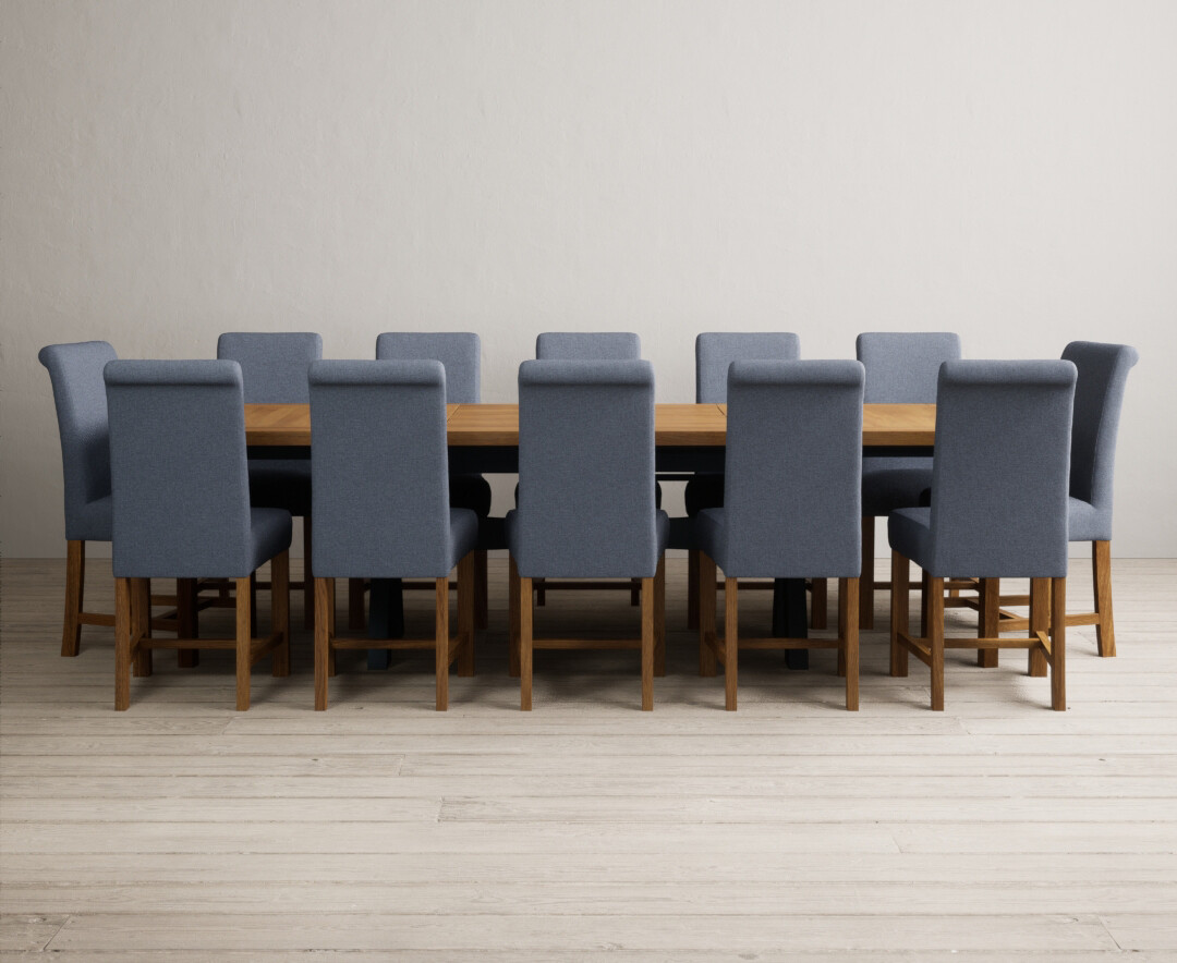 Extending Olympia 180cm Oak And Dark Blue Painted Dining Table With 12 Grey Chairs