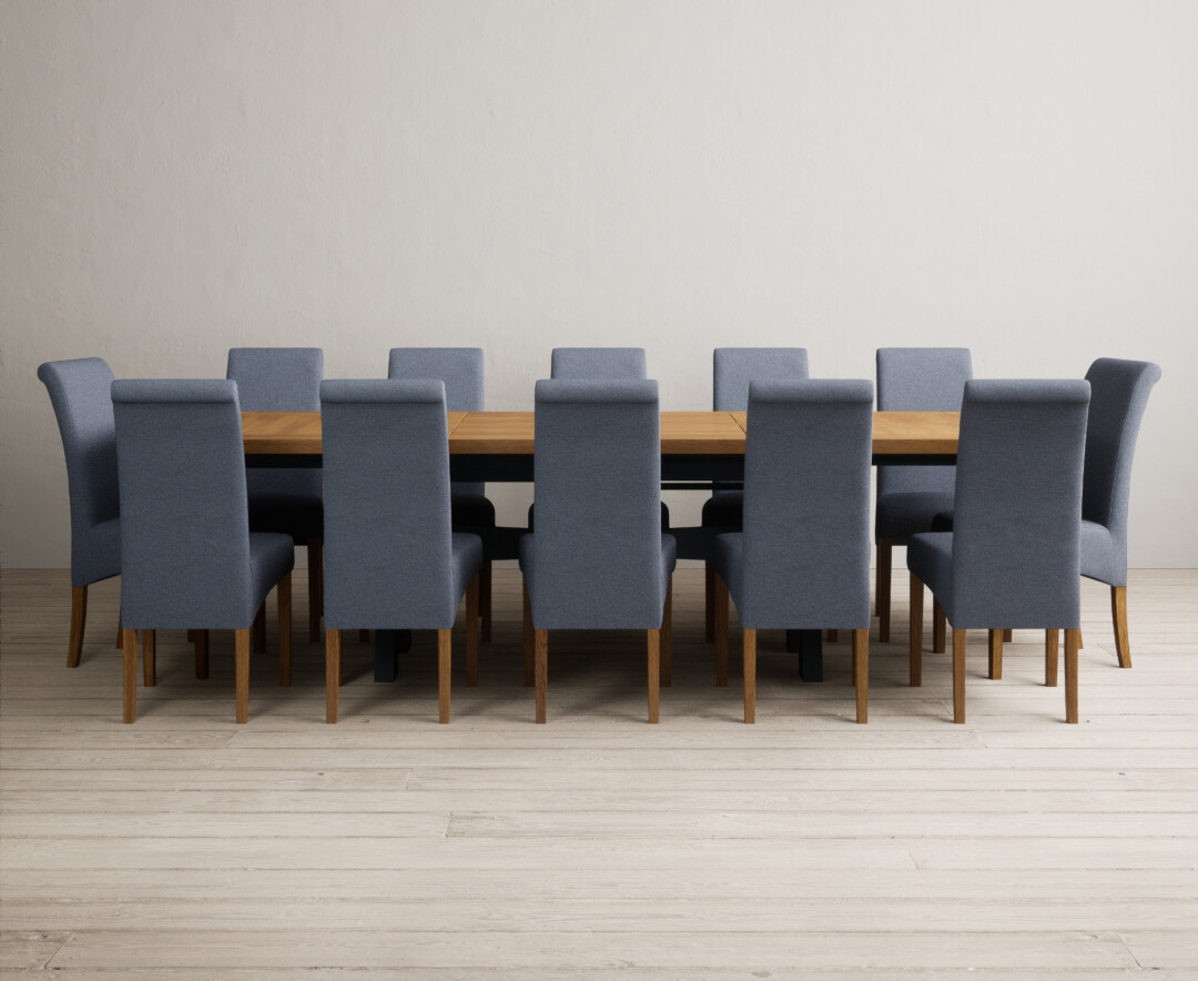 Photo 1 of Extending olympia 180cm oak and dark blue painted dining table with 8 charcoal grey scroll back chairs