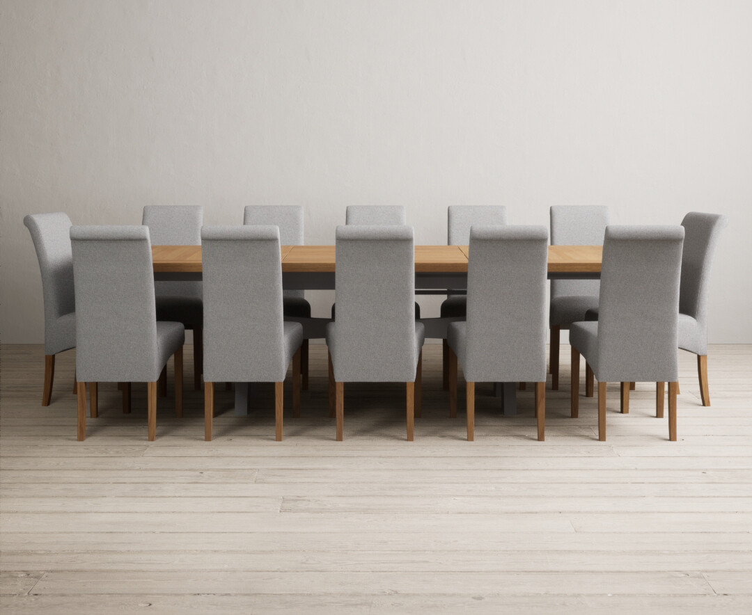Extending Olympia 180cm Oak And Light Grey Painted Dining Table With 10 Brown Chairs