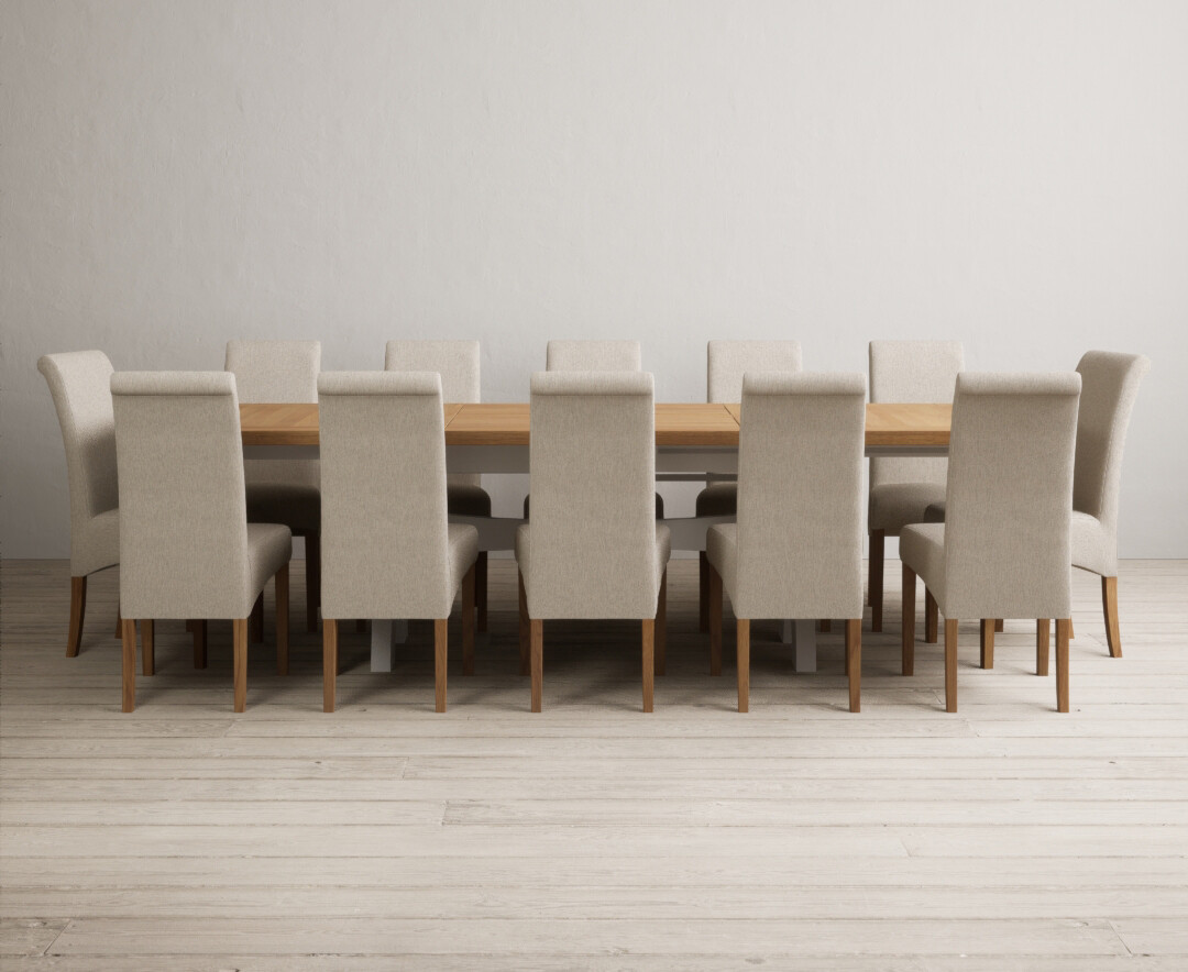 Extending Olympia 180cm Oak And Soft White Painted Dining Table With 12 Natural Chairs