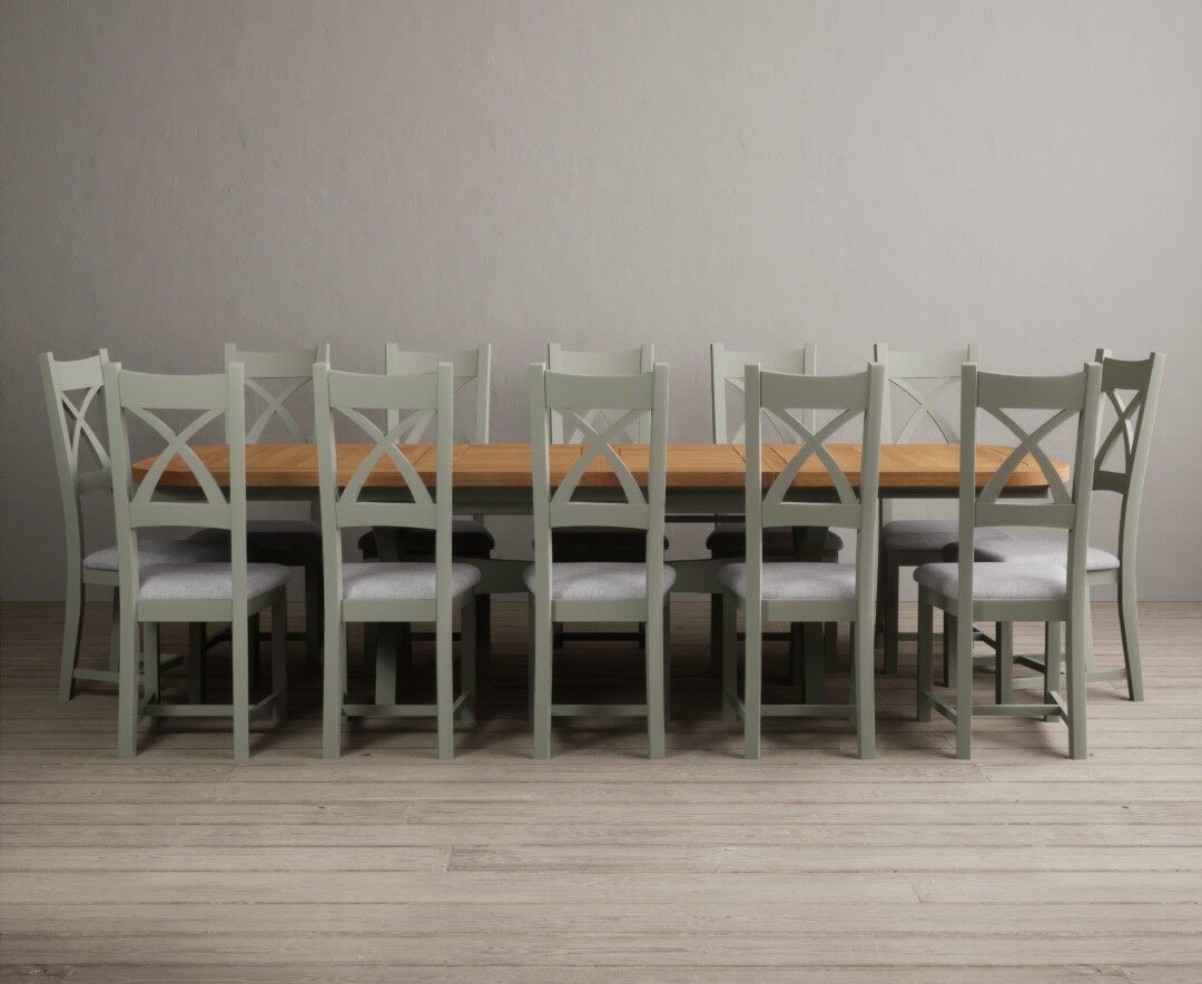 Extending Olympia 180cm Oak And Soft Green Painted Dining Table With 12 Brown Chairs