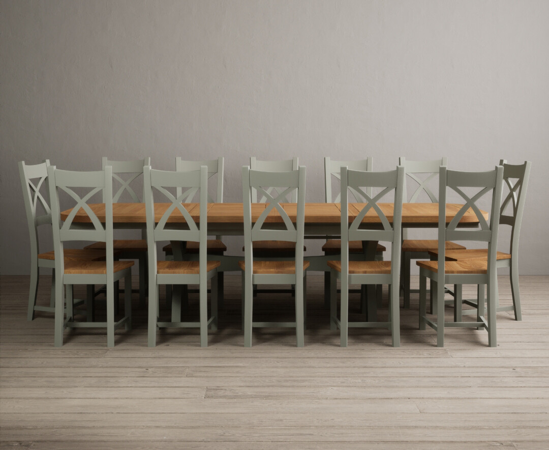 Product photograph of Extending Olympia 180cm Oak And Soft Green Painted Dining Table With 12 Oak Chairs from Oak Furniture Superstore