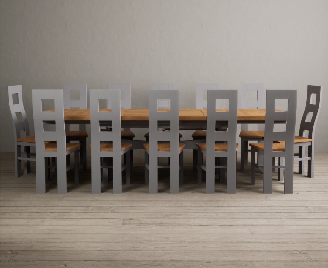 Extending Olympia 180cm Oak And Light Grey Painted Dining Table With 10 Charcoal Grey Painted Chairs