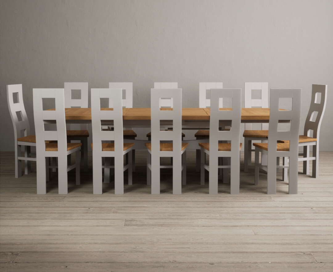 Extending Olympia 180cm Oak And Soft White Painted Dining Table With 8 Light Grey Painted Chairs