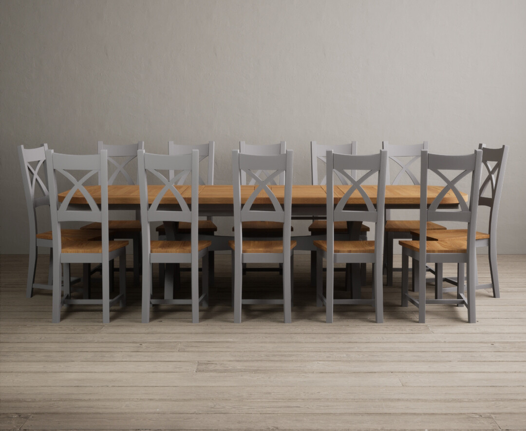 Extending Olympia 180cm Oak And Light Grey Painted Dining Table With 6 Charcoal Grey Painted Chairs