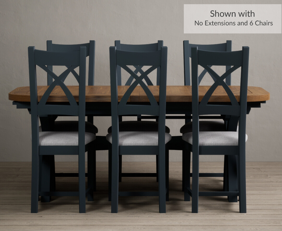 Photo 1 of Olympia 180cm oak and dark blue extending dining table with 8 charcoal grey x back chairs