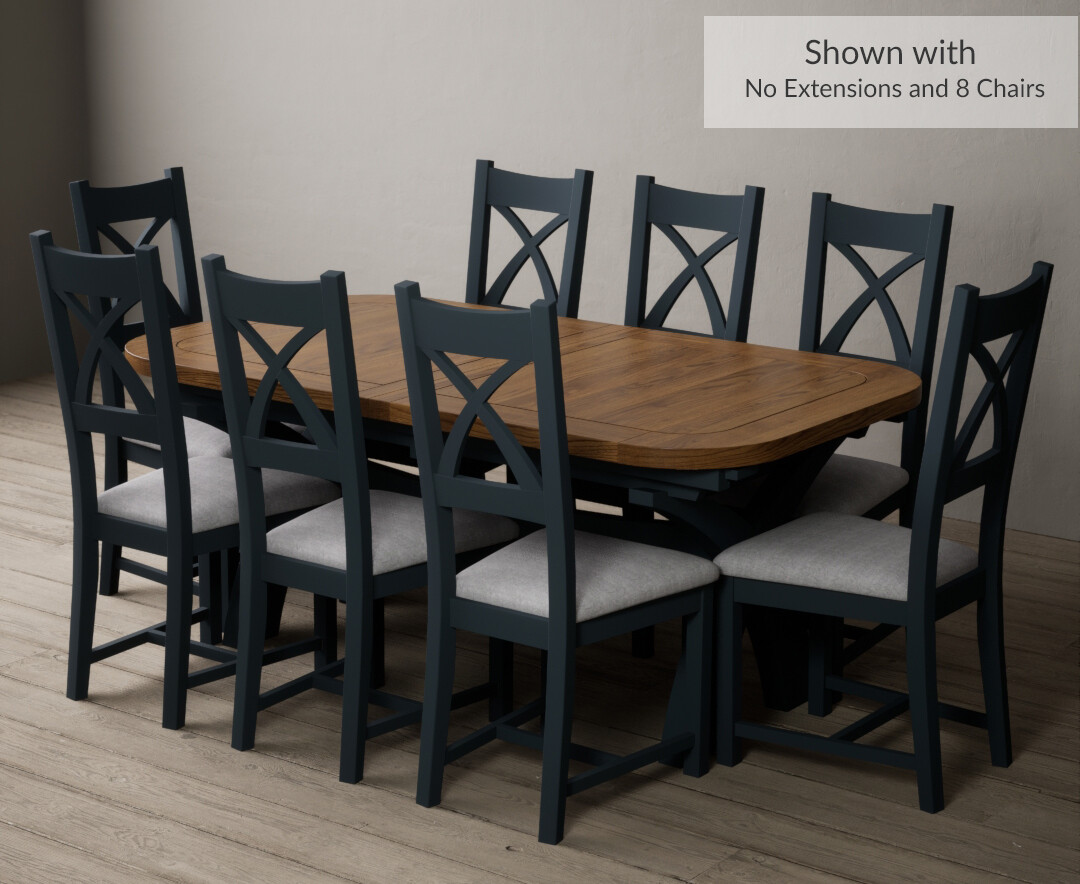 Photo 2 of Olympia 180cm oak and dark blue extending dining table with 12 charcoal grey x back chairs