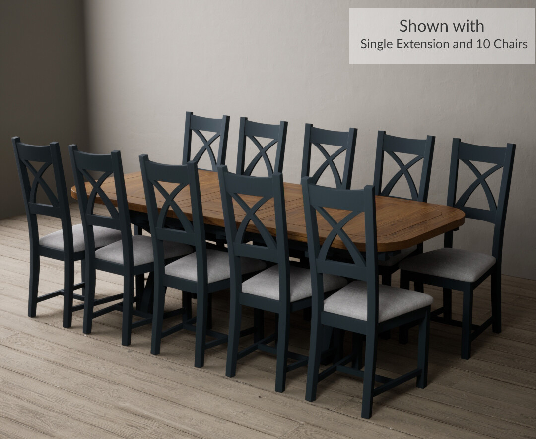 Photo 4 of Olympia 180cm oak and dark blue extending dining table with 8 brown x back chairs