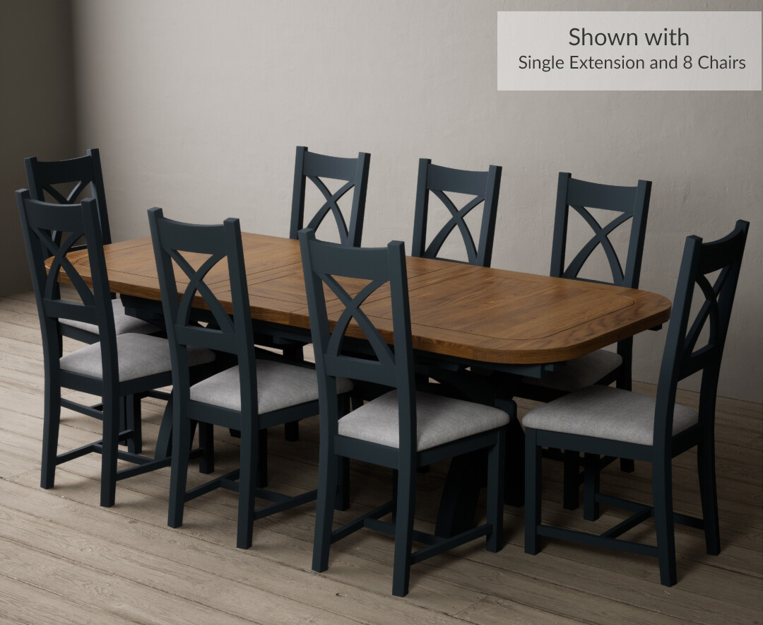 Photo 3 of Olympia 180cm oak and dark blue extending dining table with 12 charcoal grey x back chairs