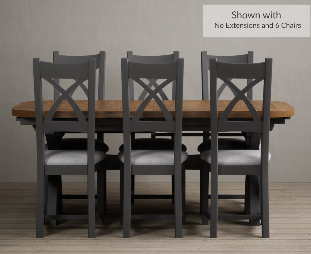 Photo 1 of Olympia 180cm oak and charcoal grey extending dining table with 12 brown x back chairs