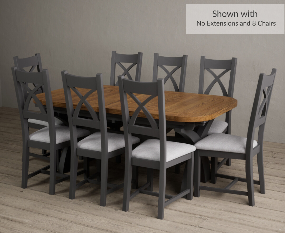 Photo 2 of Olympia 180cm oak and charcoal grey extending dining table with 12 brown x back chairs