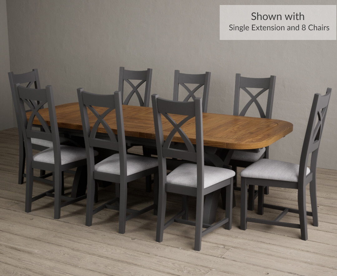 Photo 3 of Olympia 180cm oak and charcoal grey extending dining table with 12 brown x back chairs