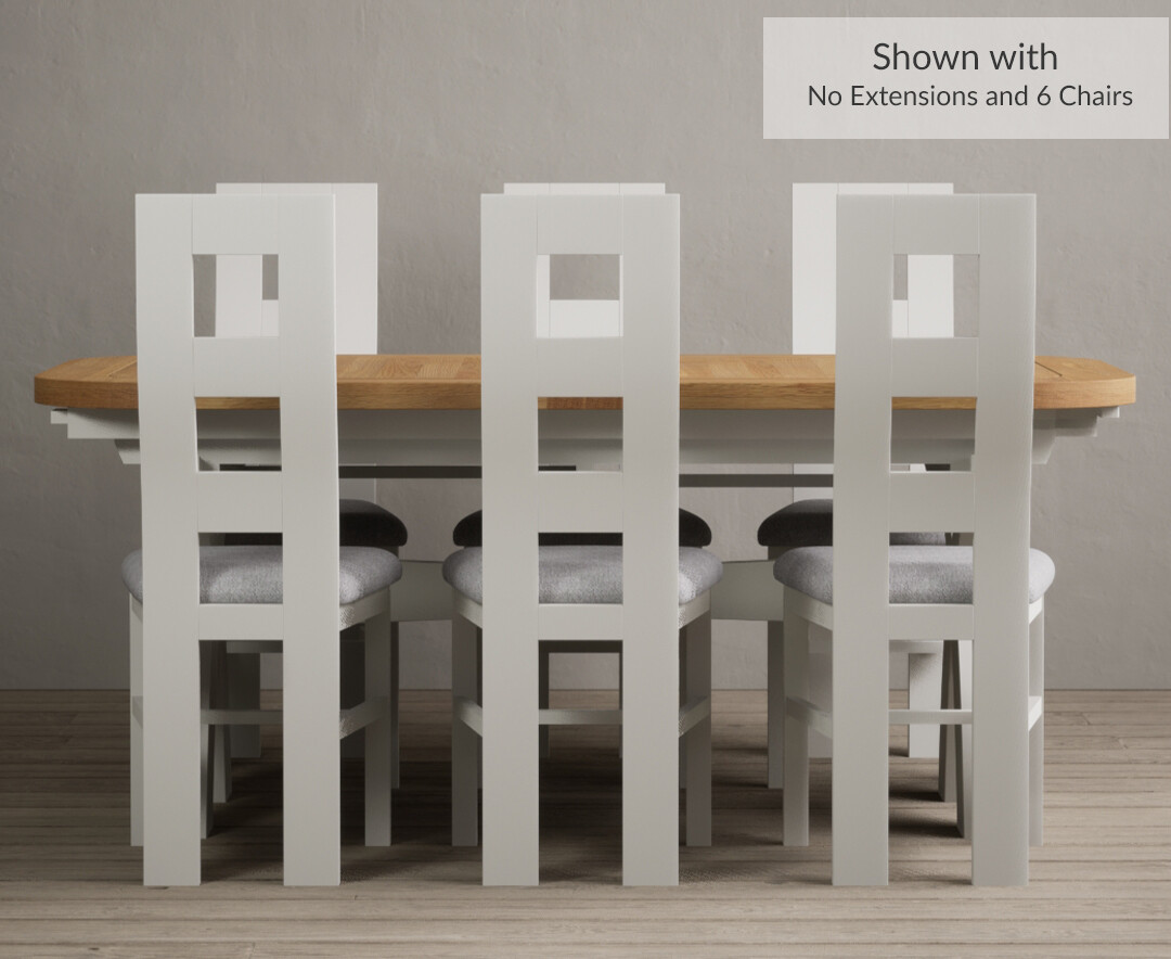 Photo 4 of Extending olympia 180cm oak and signal white dining table with 6 blue flow back chairs