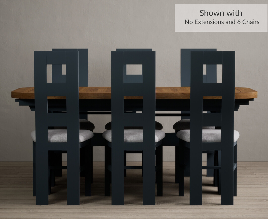 Photo 4 of Extending olympia 180cm oak and dark blue dining table with 8 light grey flow back chairs
