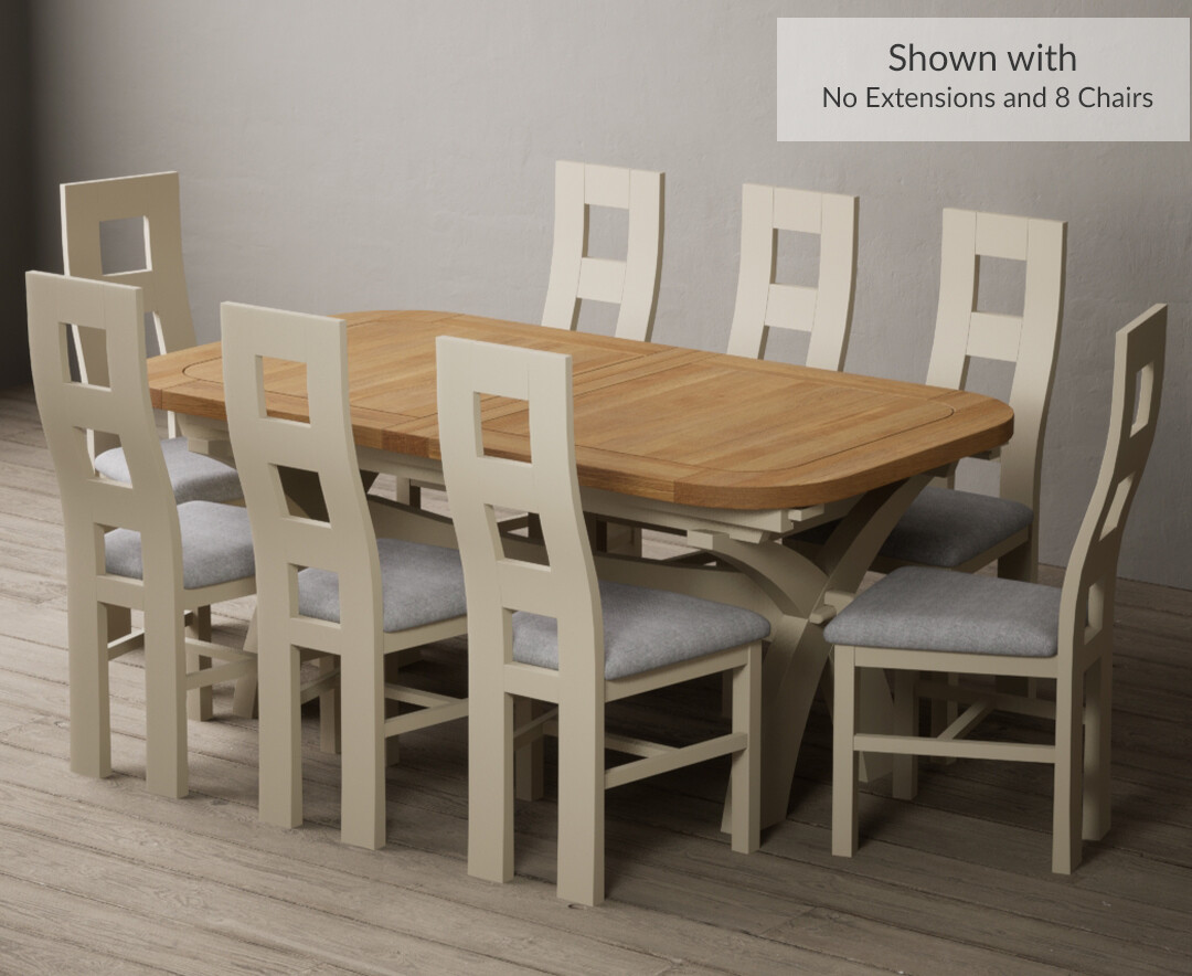 Photo 2 of Extending olympia 180cm oak and cream dining table with 8 blue flow back chairs