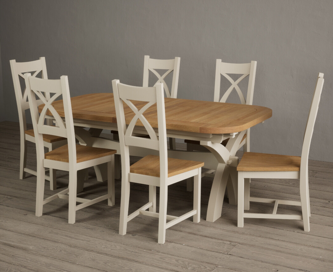 Product photograph of Extending Olympia 180cm Oak And Cream Dining Table With 10 Light Grey X Back Chairs from Oak Furniture Superstore
