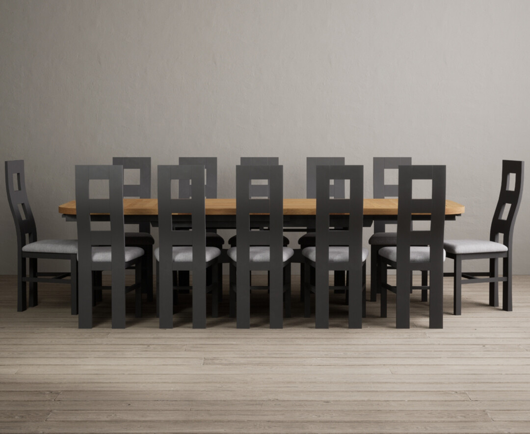 Product photograph of Extending Olympia 180cm Oak And Charcoal Grey Dining Table With 6 Light Grey Flow Back Chairs from Oak Furniture Superstore