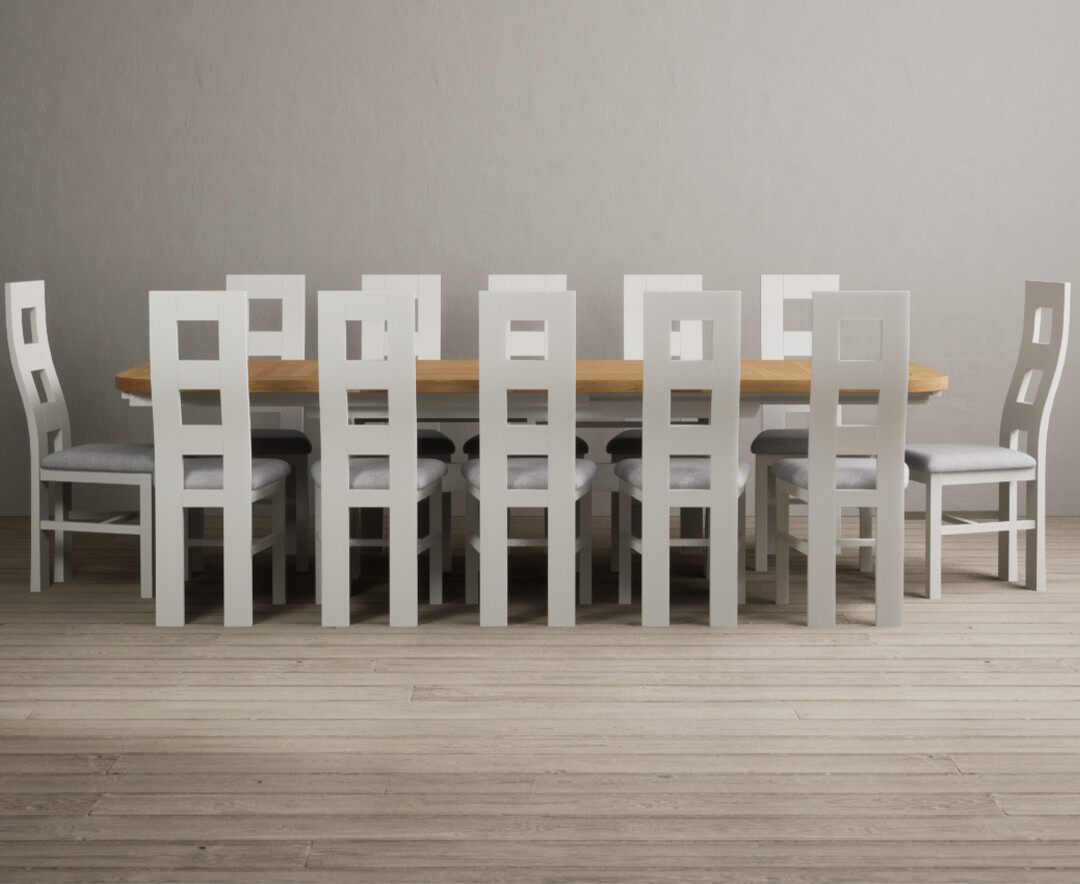 Product photograph of Extending Olympia 180cm Oak And Signal White Dining Table With 10 Charcoal Grey Flow Back Chairs from Oak Furniture Superstore