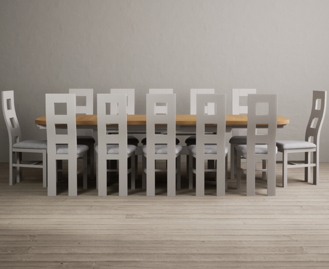 Product photograph of Extending Olympia 180cm Oak And Soft White Dining Table With 6 Light Grey Flow Back Chairs from Oak Furniture Superstore