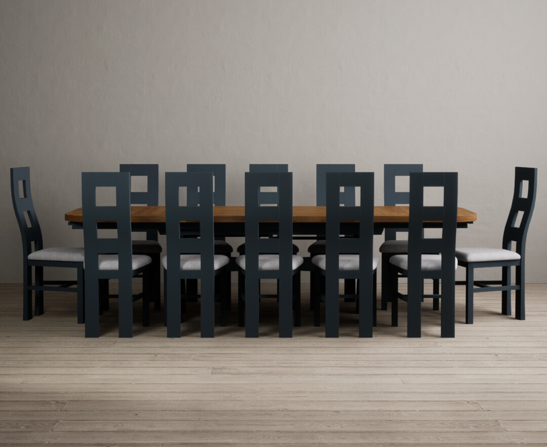 Extending Atlas 180cm Oak And Dark Blue Dining Table With 12 Brown Flow Back Chairs