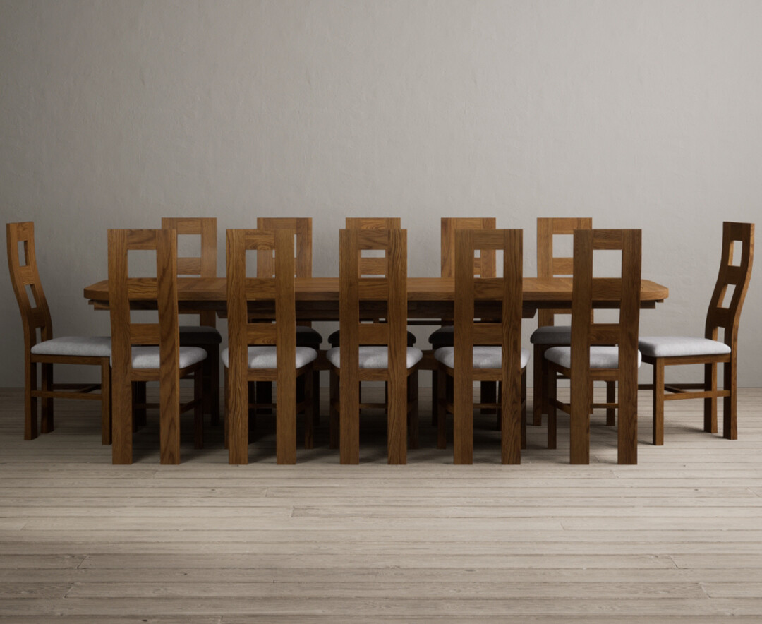 Product photograph of Extending Olympia 180cm Rustic Solid Oak Dining Table With 10 Brown Rustic Solid Oak Flow Back Chairs from Oak Furniture Superstore