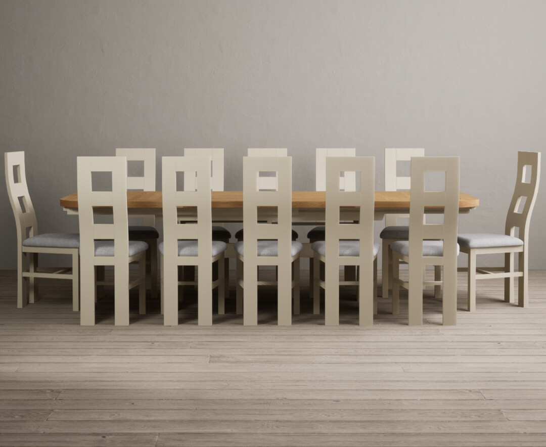 Extending Atlas 180cm Oak And Cream Dining Table With 12 Light Grey Flow Back Chairs