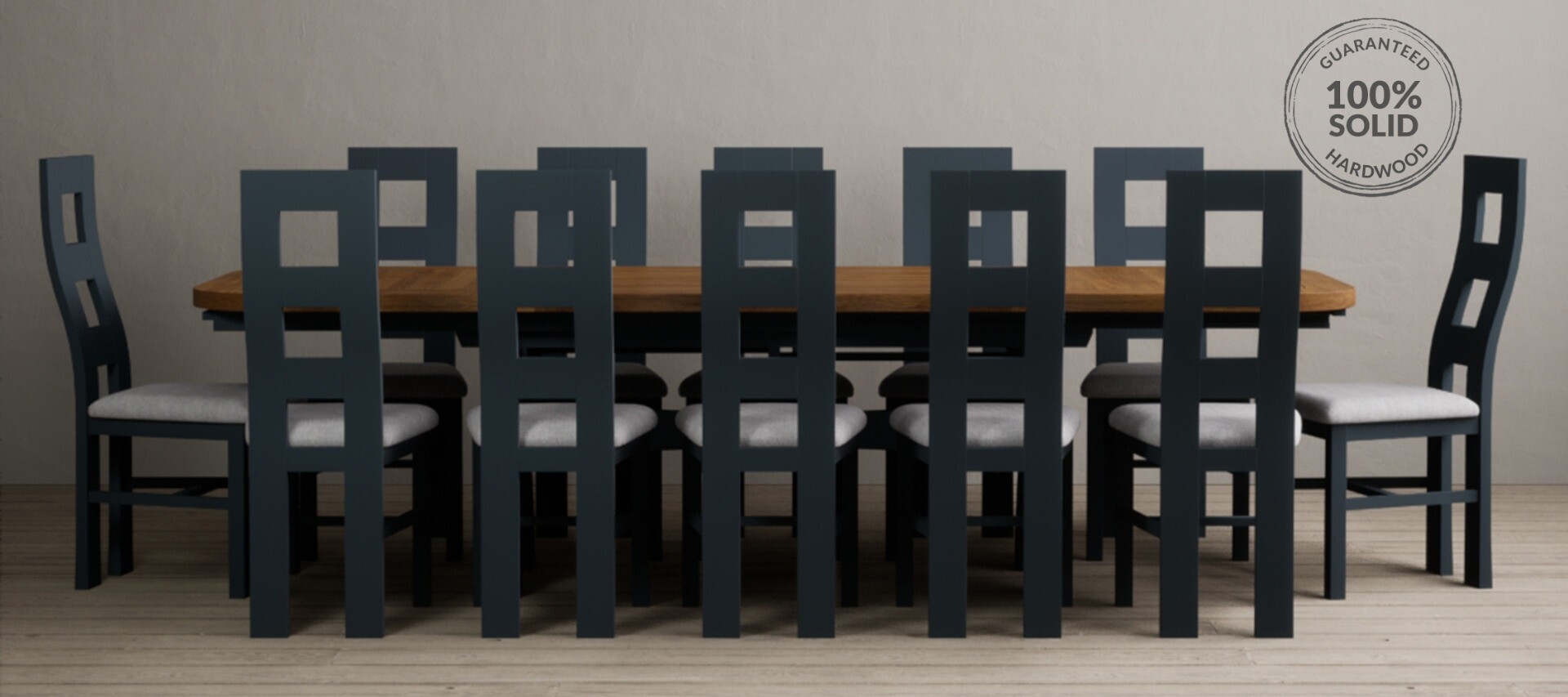 Photo 1 of Extending olympia 180cm oak and dark blue painted dining table with 10 charcoal grey chairs