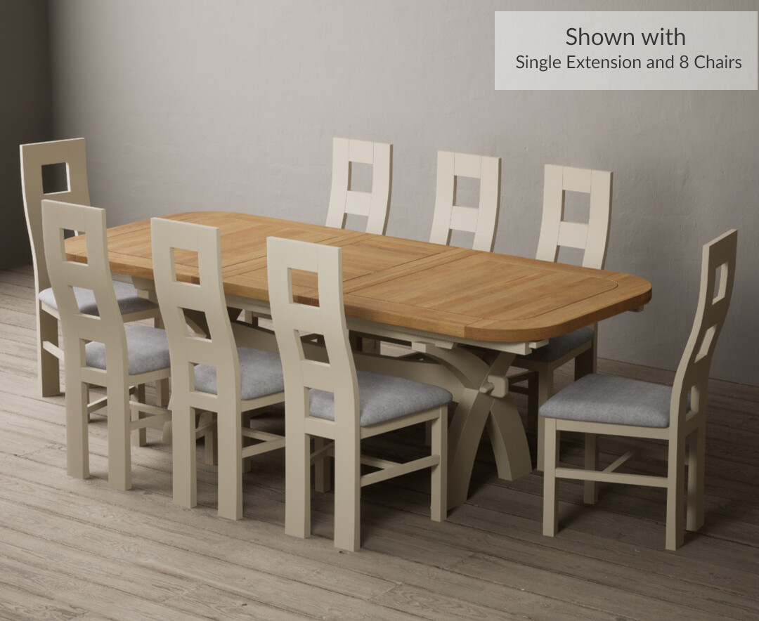Photo 3 of Extending olympia 180cm oak and cream dining table with 8 blue flow back chairs