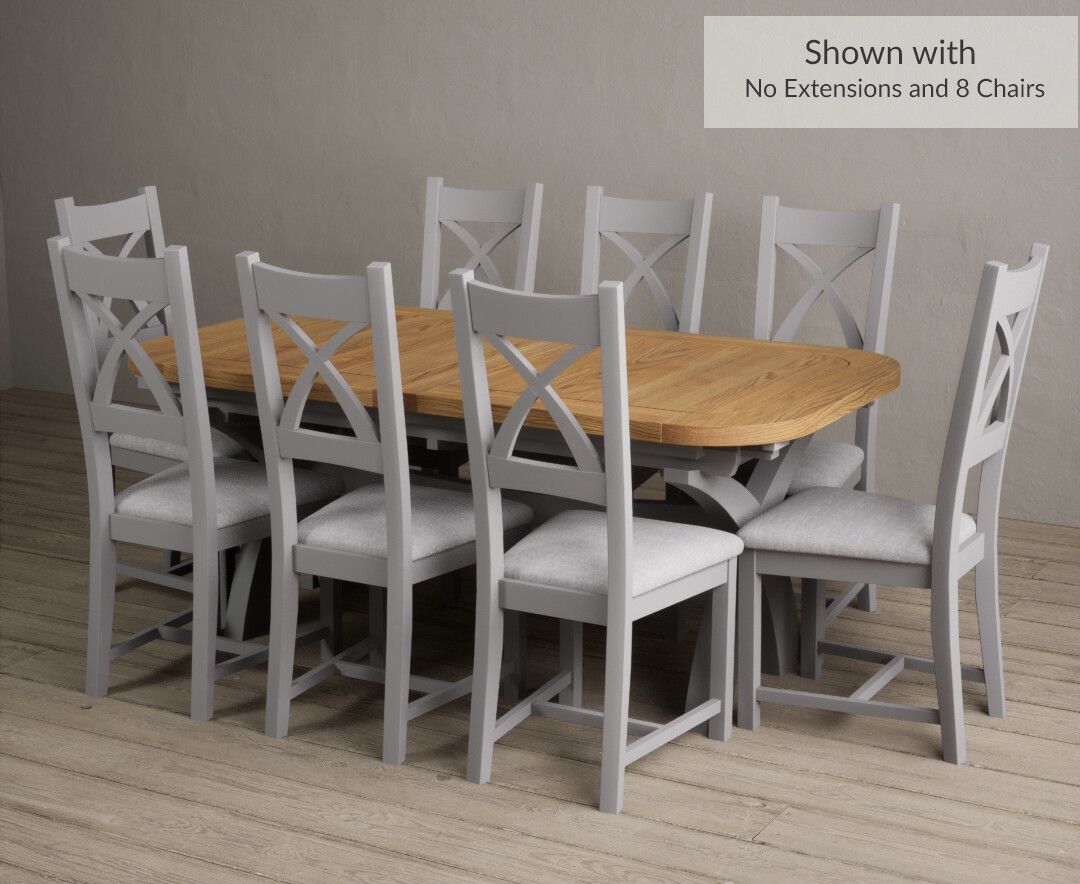 Photo 2 of Olympia 180cm oak and light grey painted extending dining table with 6 blue x back chairs