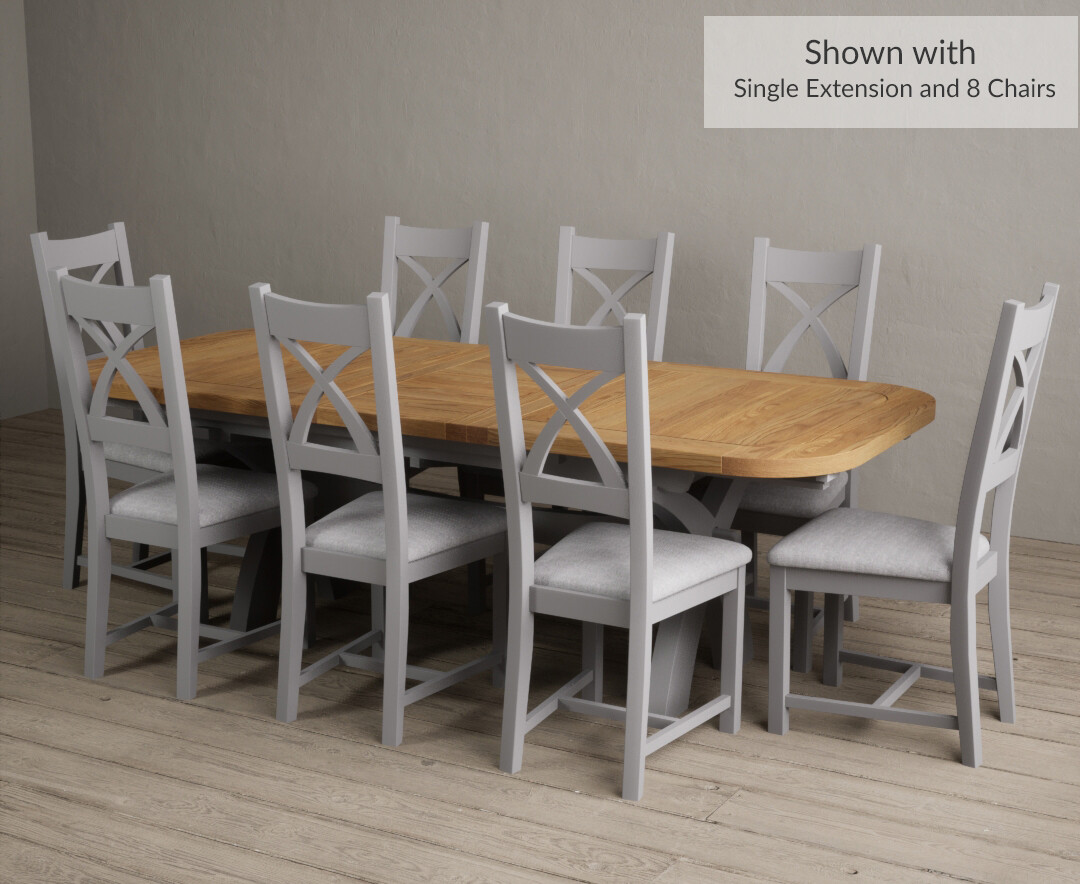 Photo 3 of Olympia 180cm oak and light grey painted extending dining table with 8 brown x back chairs