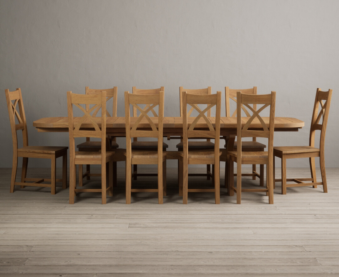 Extending Olympia 180cm Solid Oak Dining Table With 8 Brown Natural Solid Oak Chairs