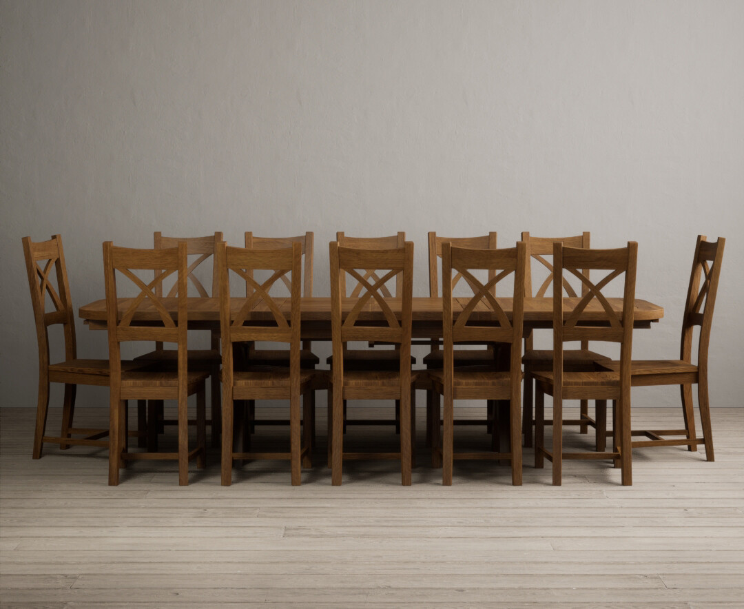 Atlas 180cm Rustic Solid Oak Extending Dining Table With 12 Rustic Rustic Solid Oak X Back Chairs With Rustic Seats