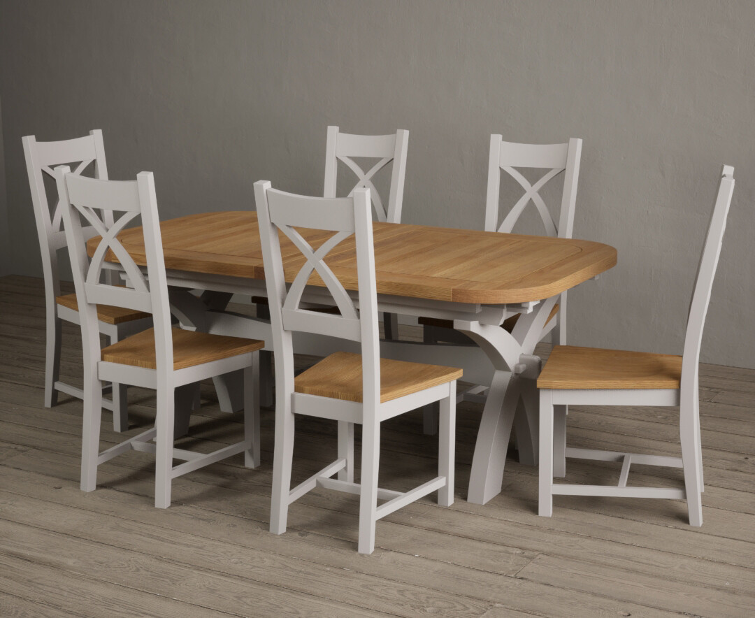 Extending Atlas 180cm Oak And Signal White Dining Table With 12 Blue X Back Chairs
