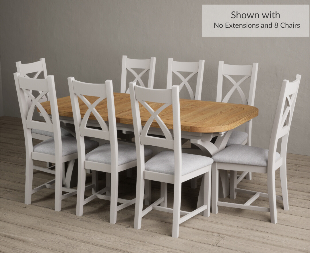 Photo 2 of Olympia 180cm oak and soft white extending dining table with 8 linen x back chairs