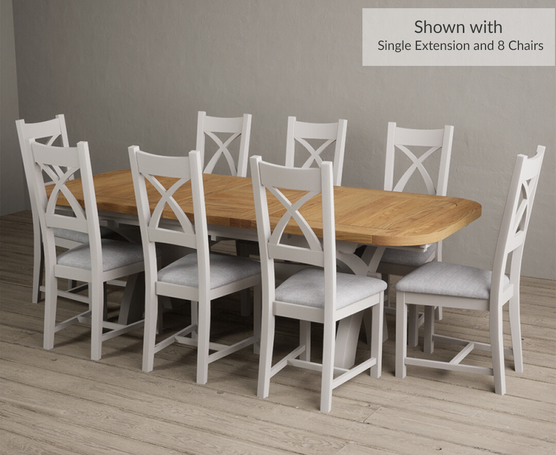 Photo 3 of Olympia 180cm oak and soft white extending dining table with 10 blue x back chairs