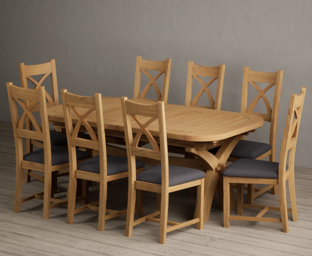 Extending Atlas 180cm Solid Oak Dining Table With 6 Linen X Back Chairs