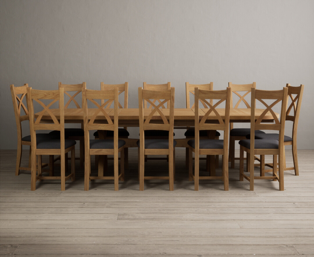 Product photograph of Extending Olympia 180cm Solid Oak Dining Table With 12 Linen X Back Chairs from Oak Furniture Superstore.