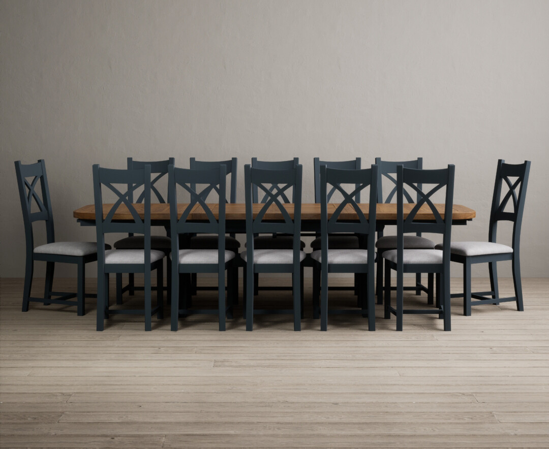 Extending Olympia 180cm Oak And Dark Blue Painted Dining Table With 12 Rustic Oak Painted Chairs