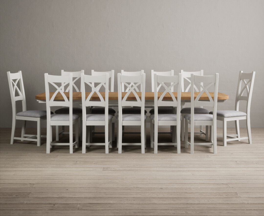 Atlas 180cm Oak And Chalk White Extending Dining Table With 12 Light Grey X Back Chairs
