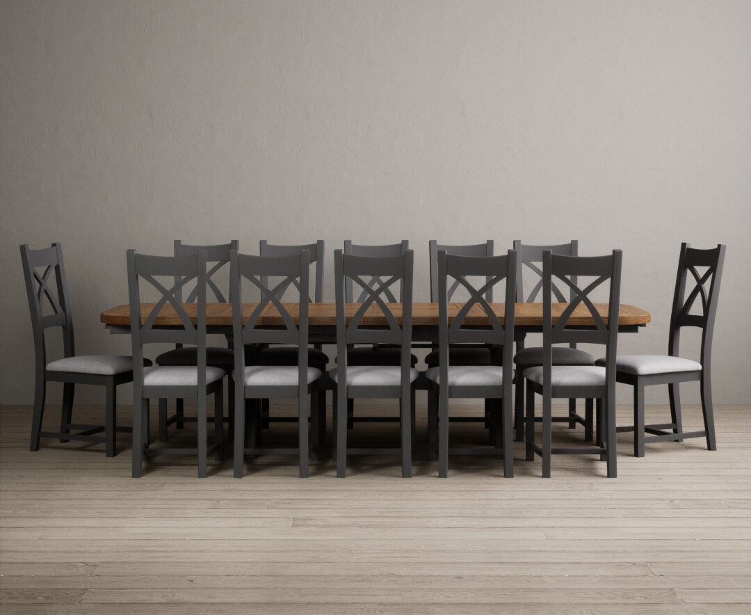 Product photograph of Olympia 180cm Oak And Charcoal Grey Extending Dining Table With 8 Linen X Back Chairs from Oak Furniture Superstore