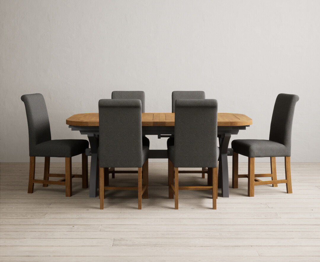 Photo 2 of Extending olympia 180cm oak and charcoal grey painted dining table with 6 natural chairs