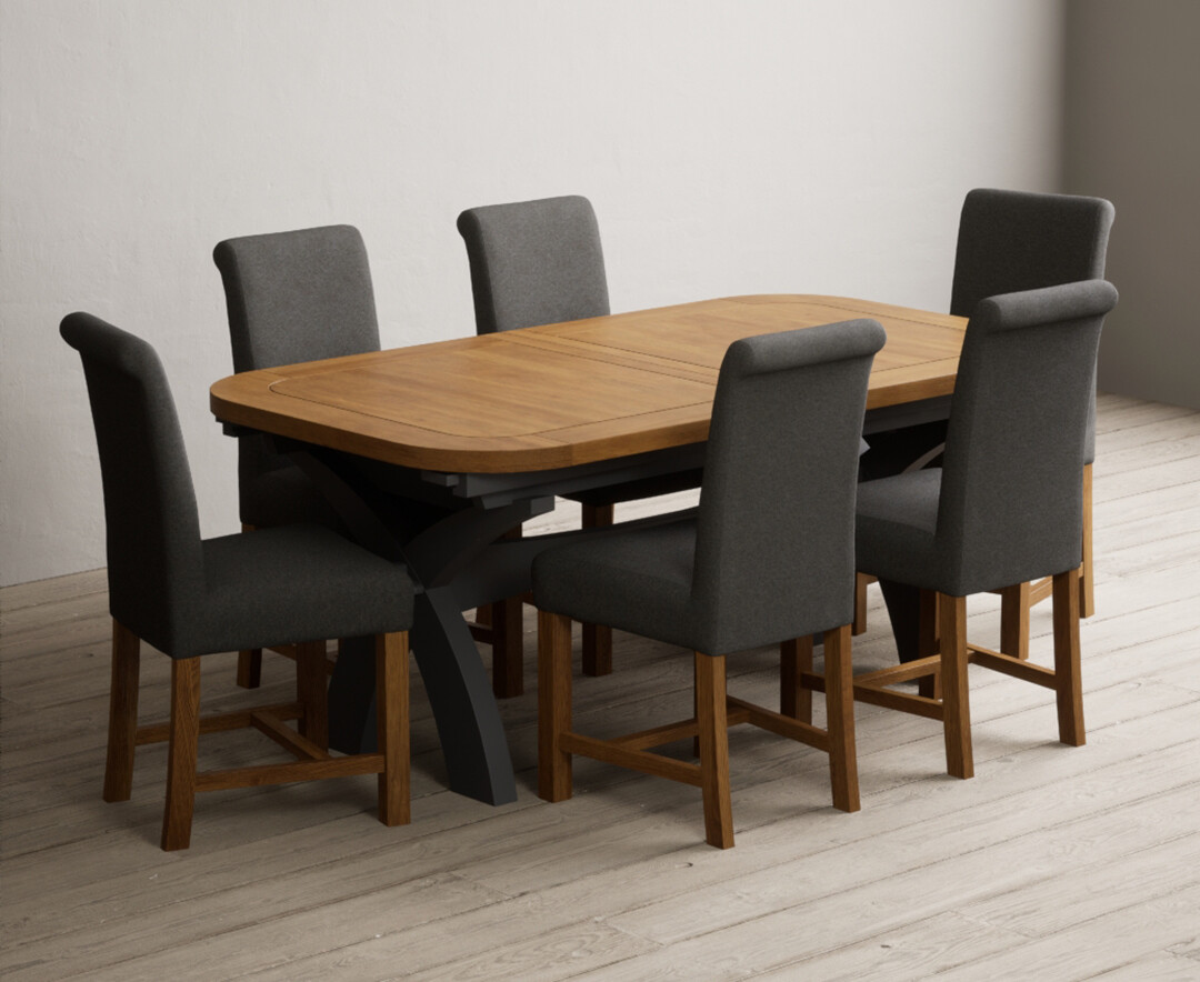 Photo 3 of Extending olympia 180cm oak and charcoal grey painted dining table with 12 grey chairs