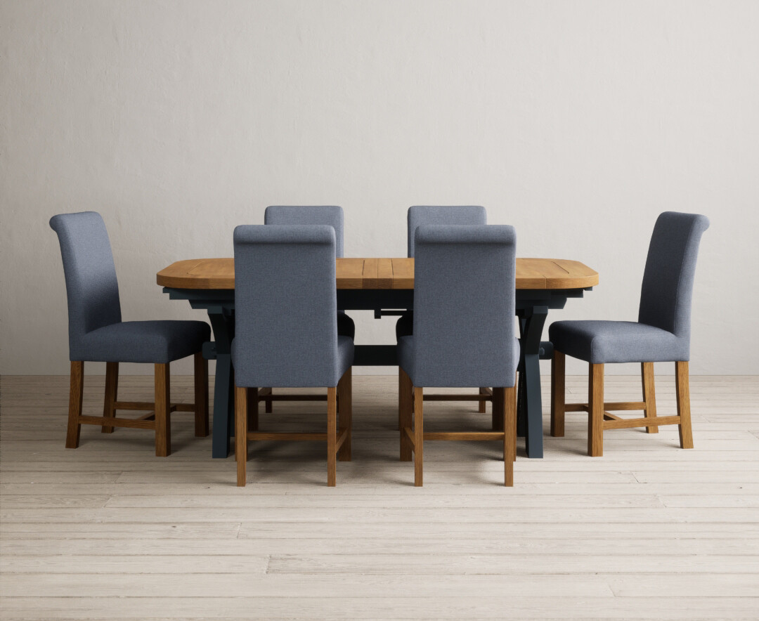 Photo 2 of Extending olympia 180cm oak and dark blue painted dining table with 10 natural chairs
