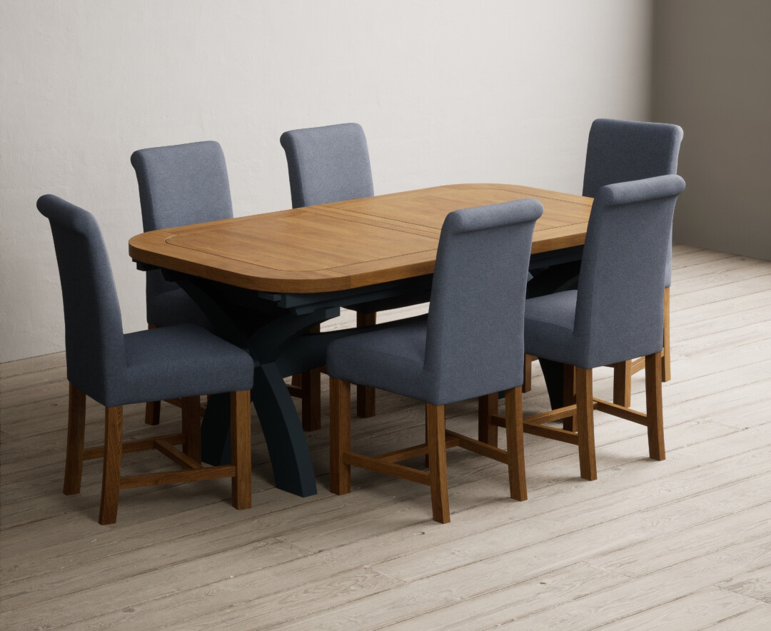 Photo 3 of Extending olympia 180cm oak and dark blue painted dining table with 6 grey chairs