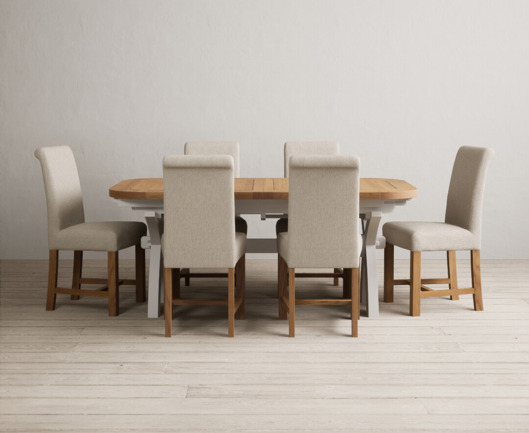 Photo 2 of Extending olympia 180cm oak and soft white painted dining table with 8 natural chairs