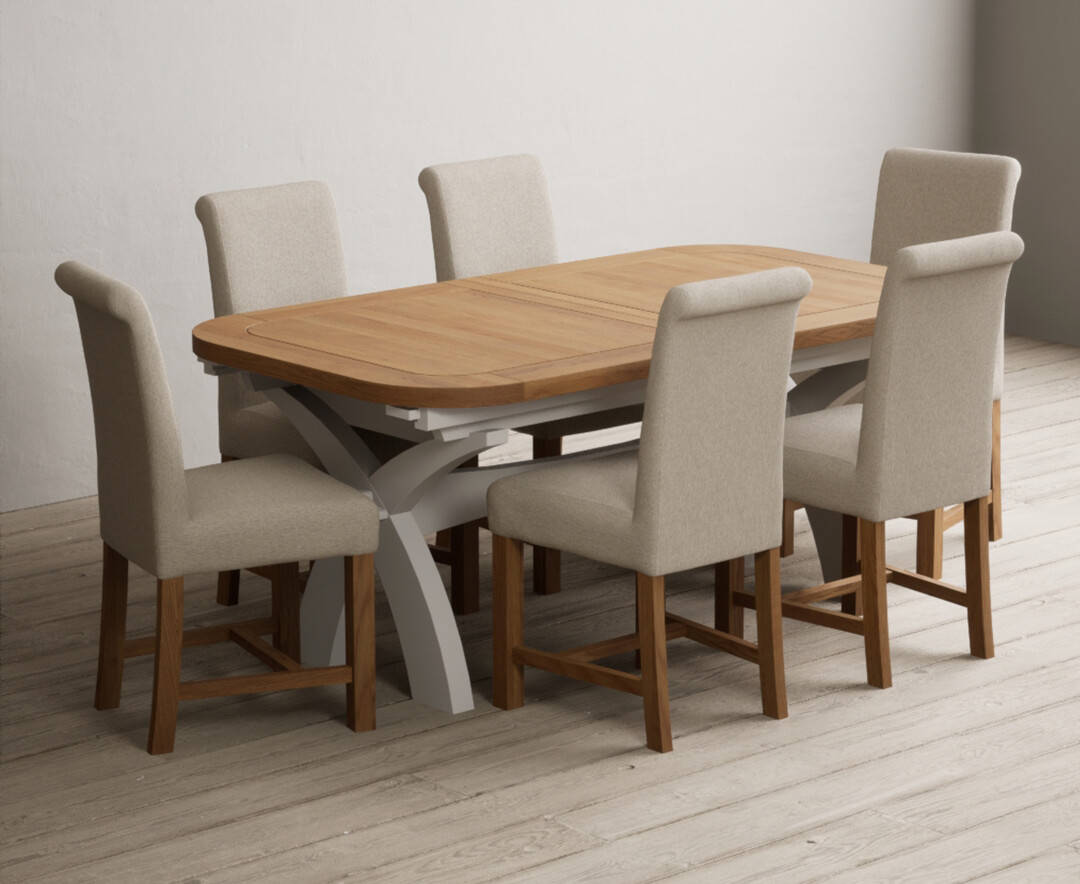 Photo 3 of Extending olympia 180cm oak and soft white painted dining table with 10 grey chairs