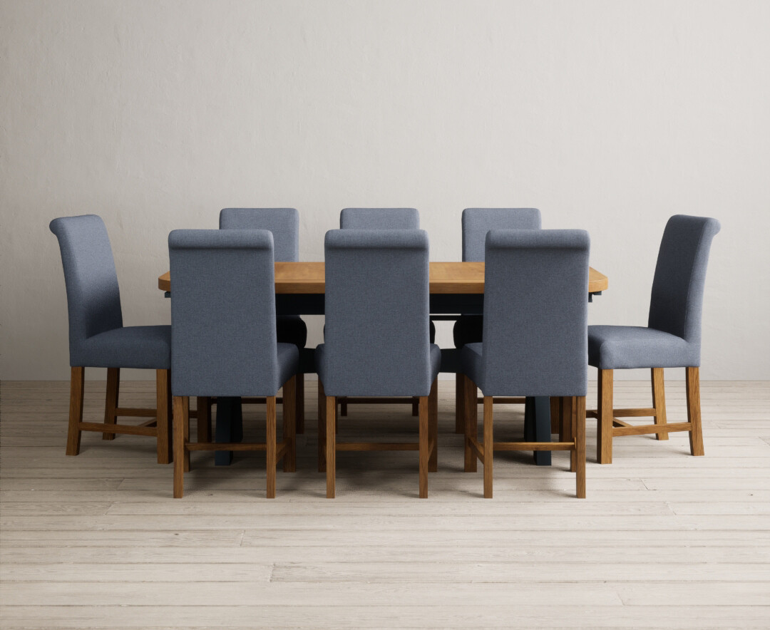 Photo 4 of Extending olympia 180cm oak and dark blue painted dining table with 6 grey chairs