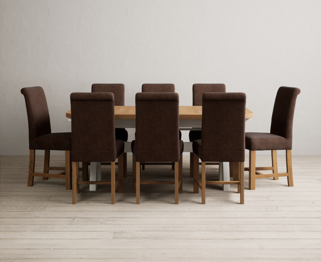 Photo 4 of Extending olympia 180cm oak and signal white painted dining table with 8 brown chairs